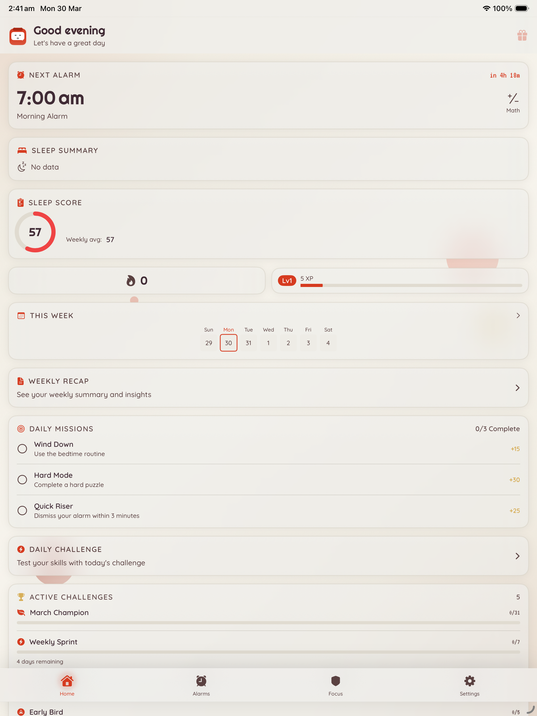 iPad — Home dashboard with next alarm, sleep score, streak, and daily missions