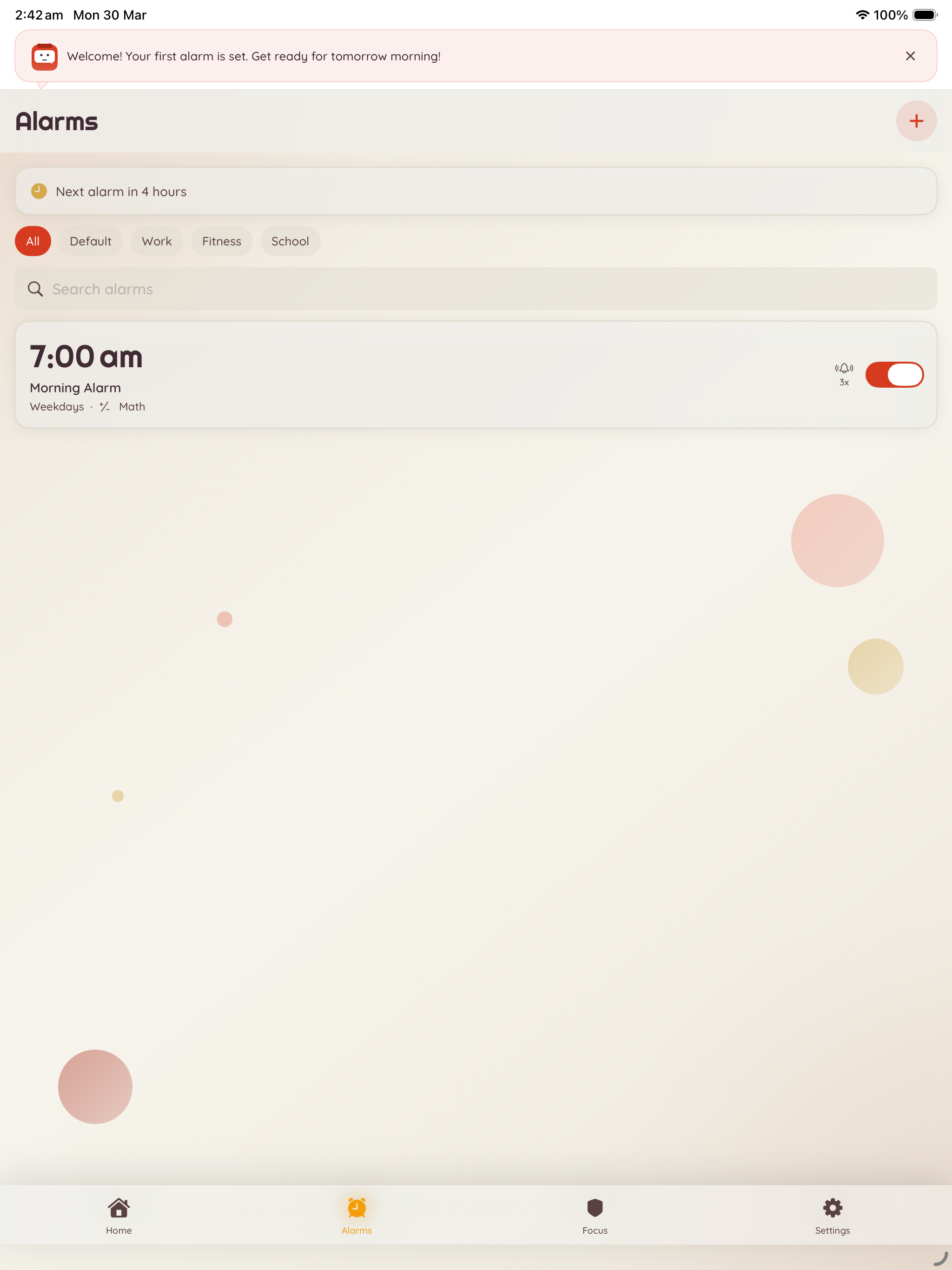 iPad — Alarms tab with alarm list, puzzle type, and category filters