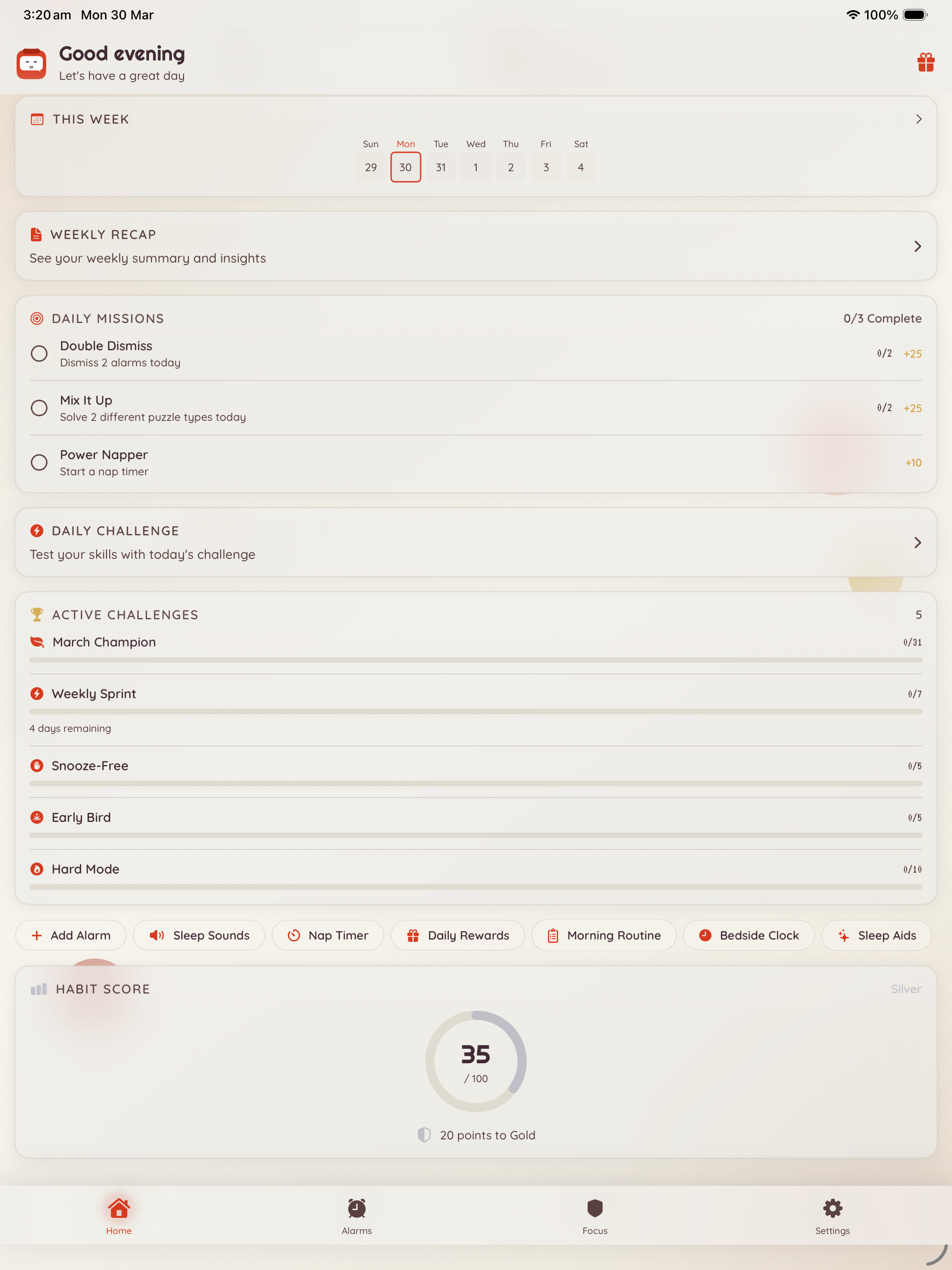 iPad — Home scrolled with missions, challenges, and daily challenge