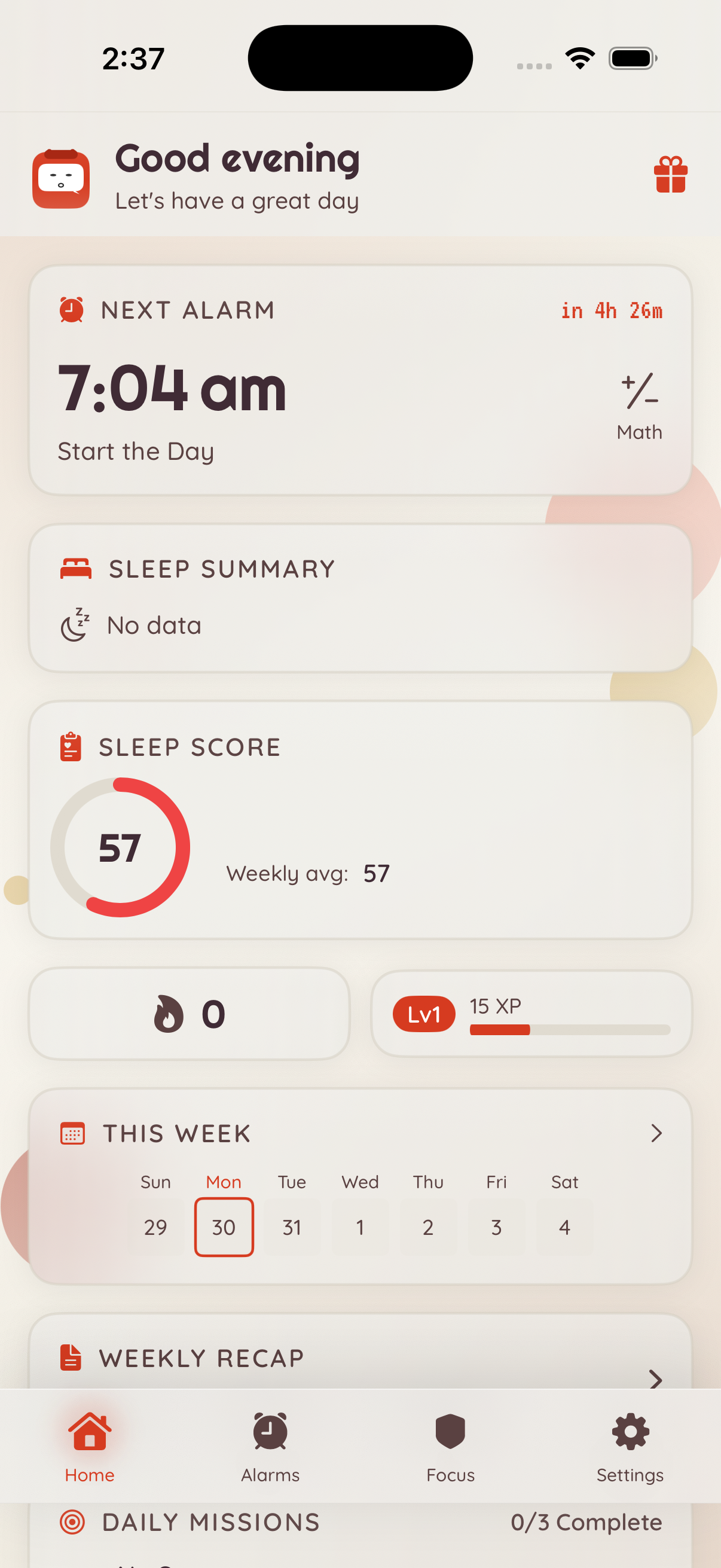 WakeAct home dashboard with sleep score tracking