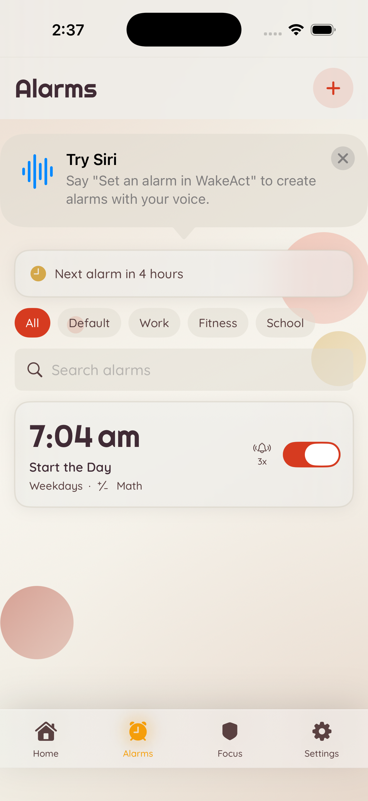WakeAct alarms tab for setting alarms