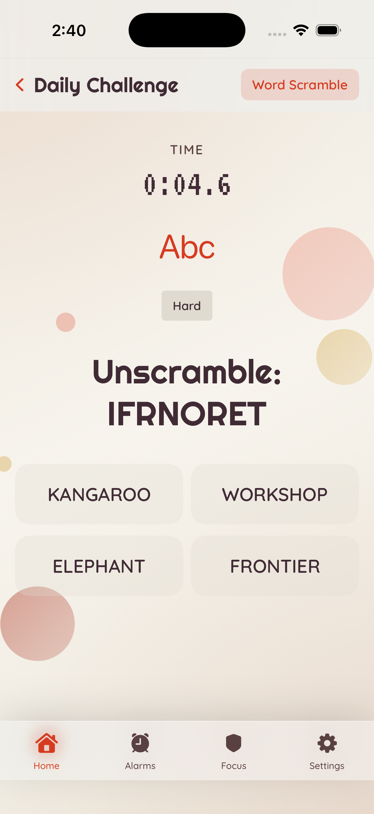 Solving a Word Scramble puzzle to dismiss the alarm