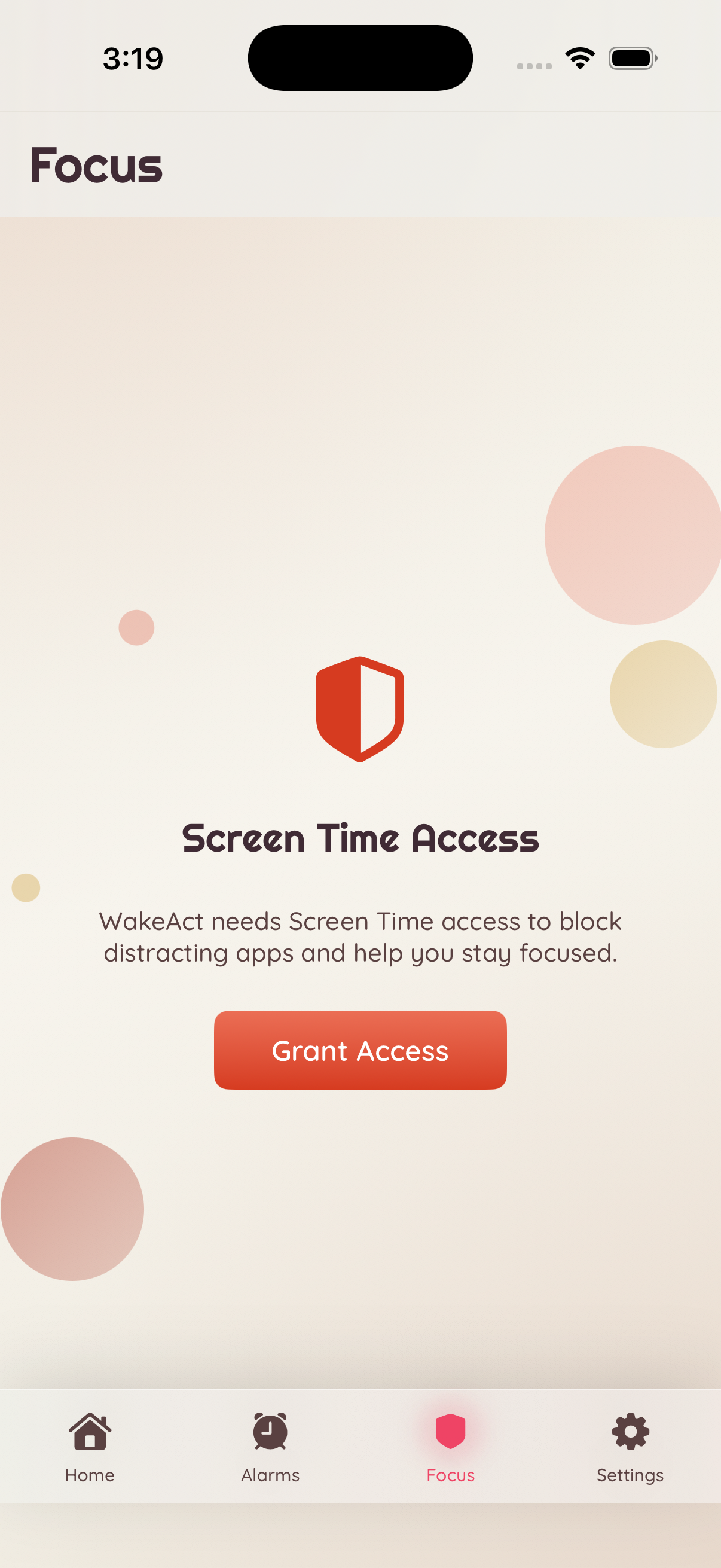 WakeAct Focus tab with Screen Time access